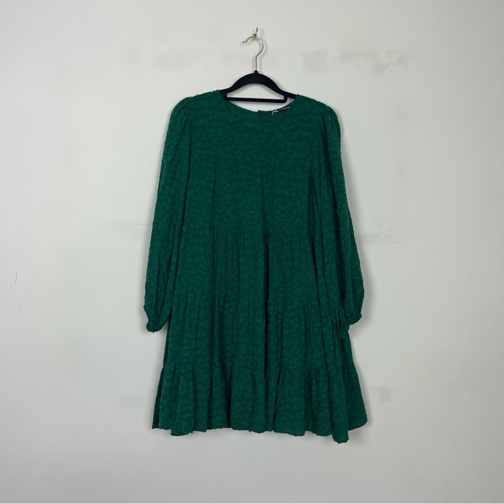 NWOT ZARA TEXTURED TIERED MINI DRESS WITH SLEEVES IN GREEN SIZE XS - Picture 16 of 16